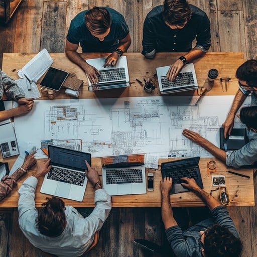 Blueprints and laptops around a table — systems thinking, interfaces, integration.
