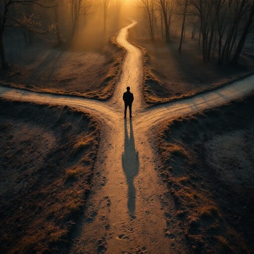 Person at a crossroads — the choice to lead change.