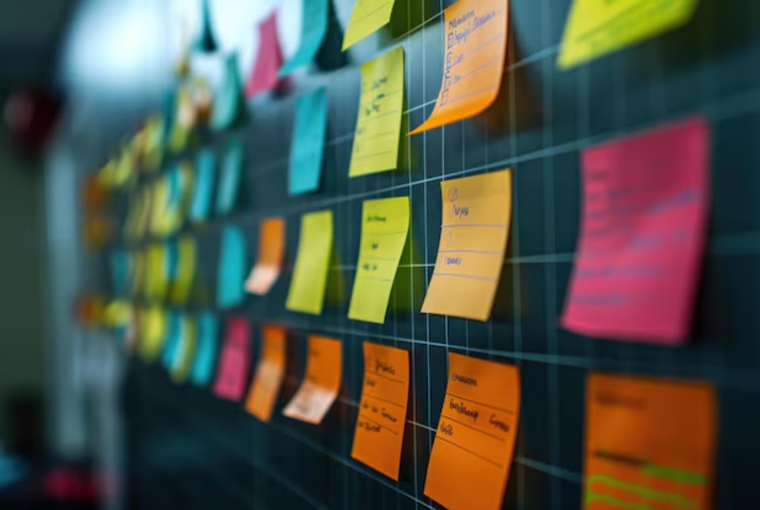 Agile planning wall — colorful sticky notes organized on a grid, representing story mapping and milestone planning in action.